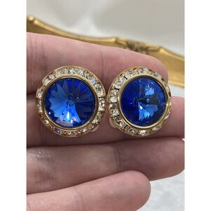 Vtg Earrings Blue Rivoli Rhinestone Post Bold Old Money Luxury Statement Estate
